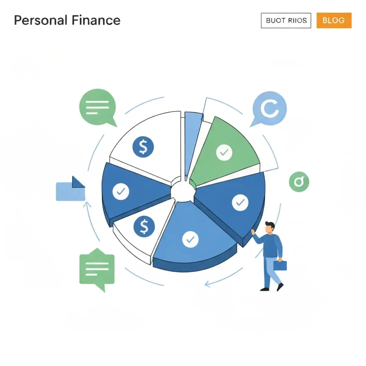 Modern illustration of a pie chart being reshaped with budget categories and money symbols