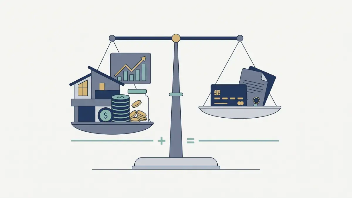 Net worth equals total assets minus total liabilities
